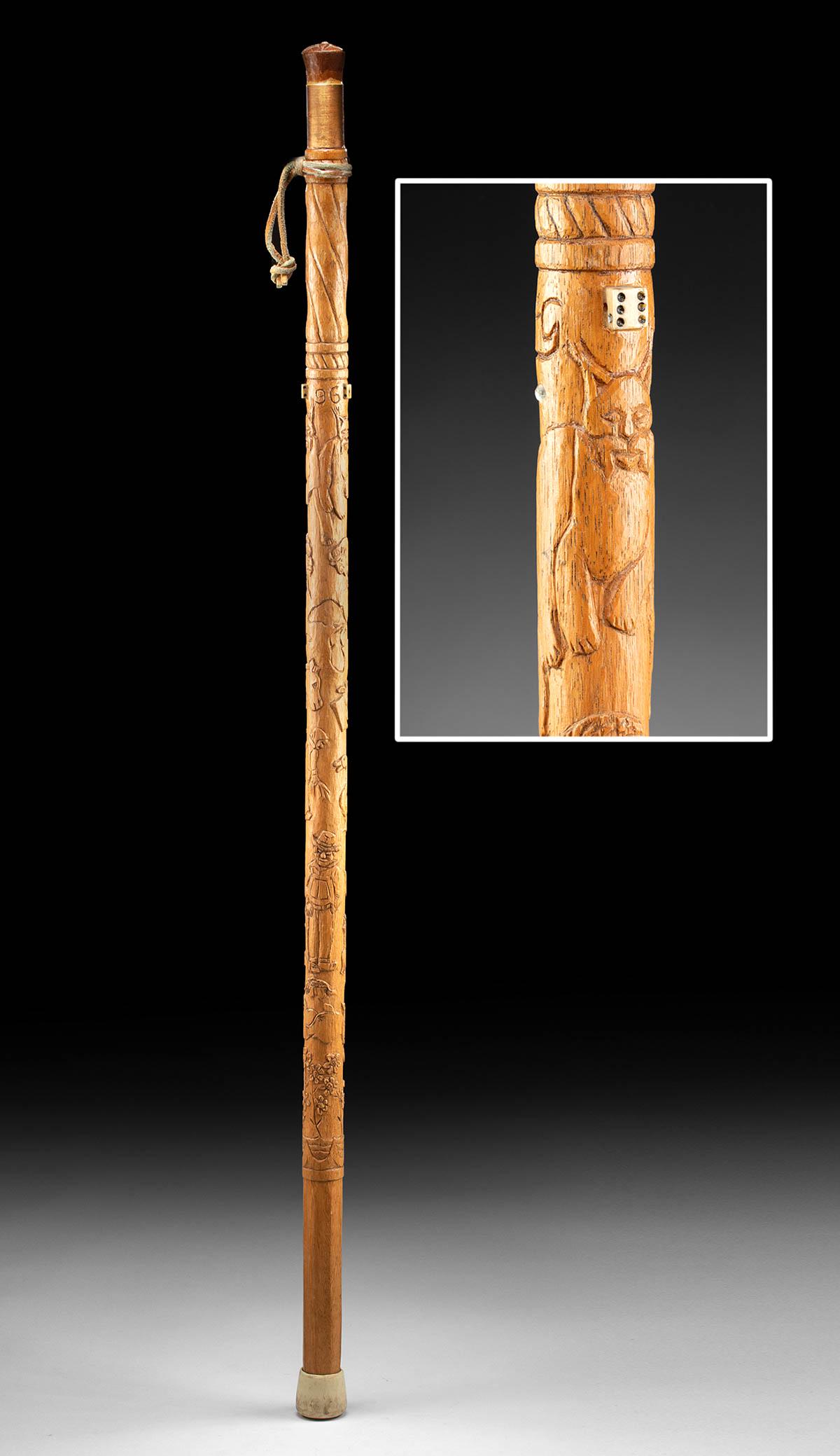 20th C. North American Wood Cane w/ 2 Inlaid Bone Dice: **Originally Listed At $350** North America, United States, probably Great Lakes region, ca. mid to late 20th century CE. Signed "WHG." A fascinating wooden walking stick, skillfully hand-carved with 