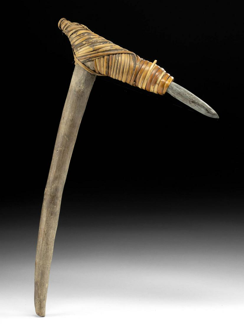 Early 20th C. Papua New Guinean Wood & Stone Adze: **Originally Listed At $250** Oceania, Papua New Guinea, ca. early to mid-20th century CE. A fine example of a wood and stone chopping adze, a tool primarily used for shaping and carving wood. The adz