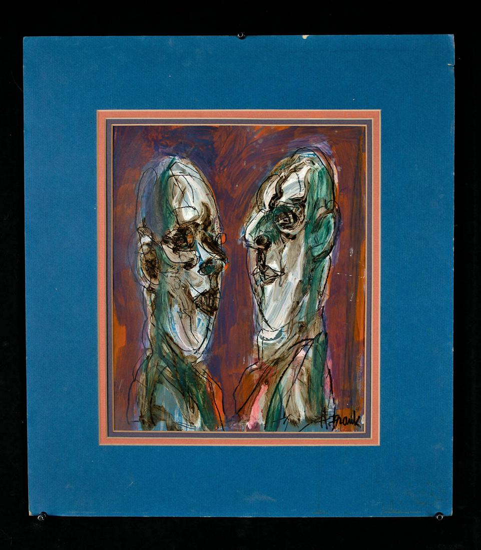 Harold Frank Mixed Media - "Red Purple Dialogue": Harold Frank (American born in England, 1921-1995). "Red Purple Dialogue" mixed media on paper. Signed at lower right. A very intriguing mixed media composition by Harold Frank that depicts the heads