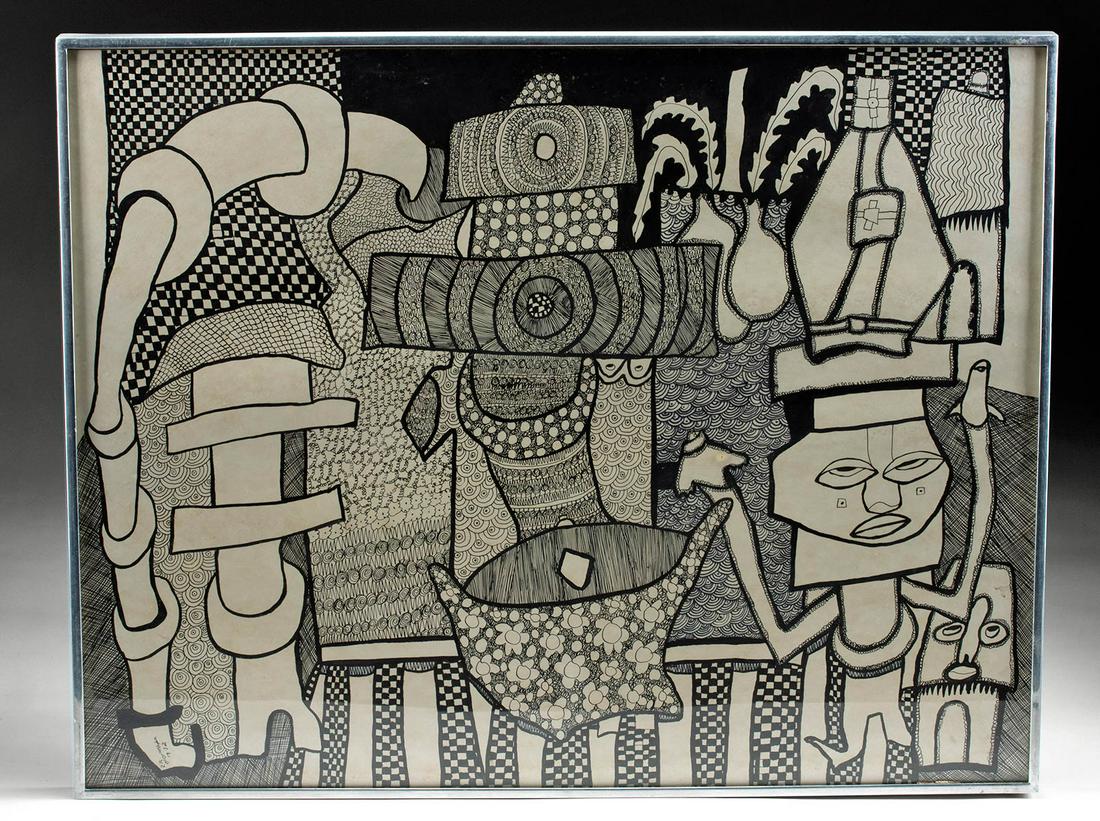 Z.K. Oloruntoba Ink Drawing on Muslin (1972) (1 of 4)