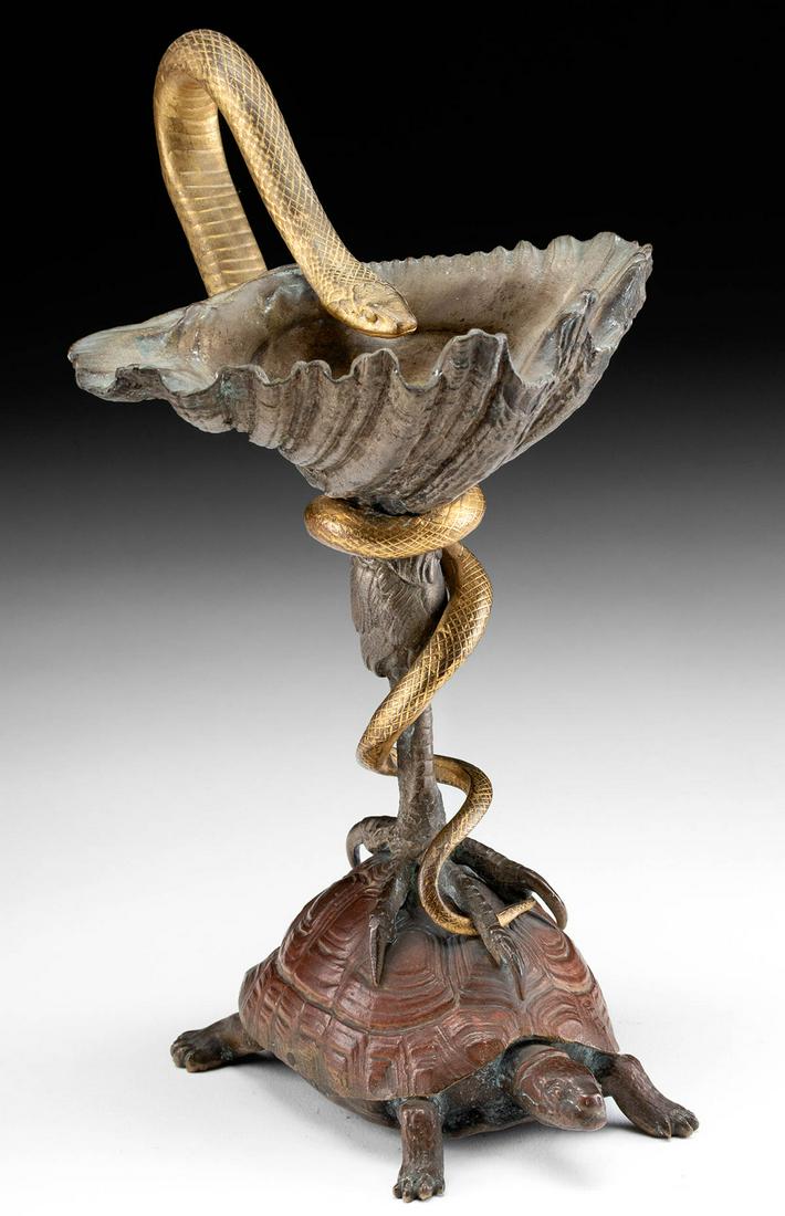 Fine 19th C. French Gilt Bronze Turtle w/ Snake Lamp (1 of 4)