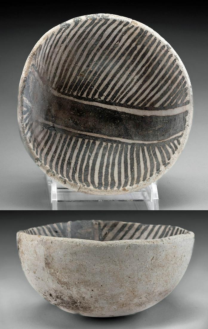 Prehistoric Anasazi Mesa Verde Bichrome Bowl: Native American, Southwestern United States, Colorado or New Mexico, Ancestral Puebloan (Anasazi), Mesa Verde type, ca. 1100 to 1300 CE. A lovely pottery bowl of the Mesa Verde Black-on-White type pre