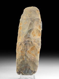 Native American Eastern Woodlands Chert Stone Hand Tool: Native American, North America, Eastern Woodland, ca. 200 to 1000 CE. A lovely hand-knapped chert stone tool of rectangular form with a flat base and tapered tip. Naturally embellished in mottled hues