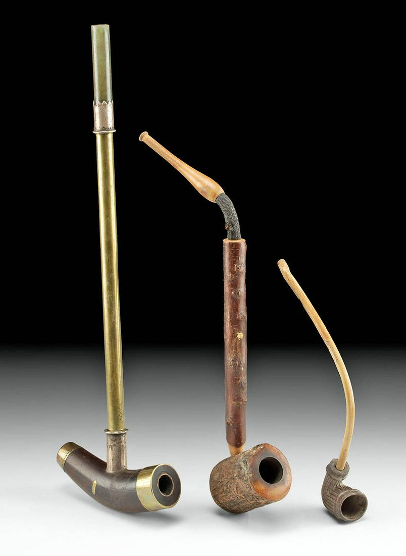 19th C. German USA Tobacco Pipes - Brass, Wood, Jadeite (1 of 2)