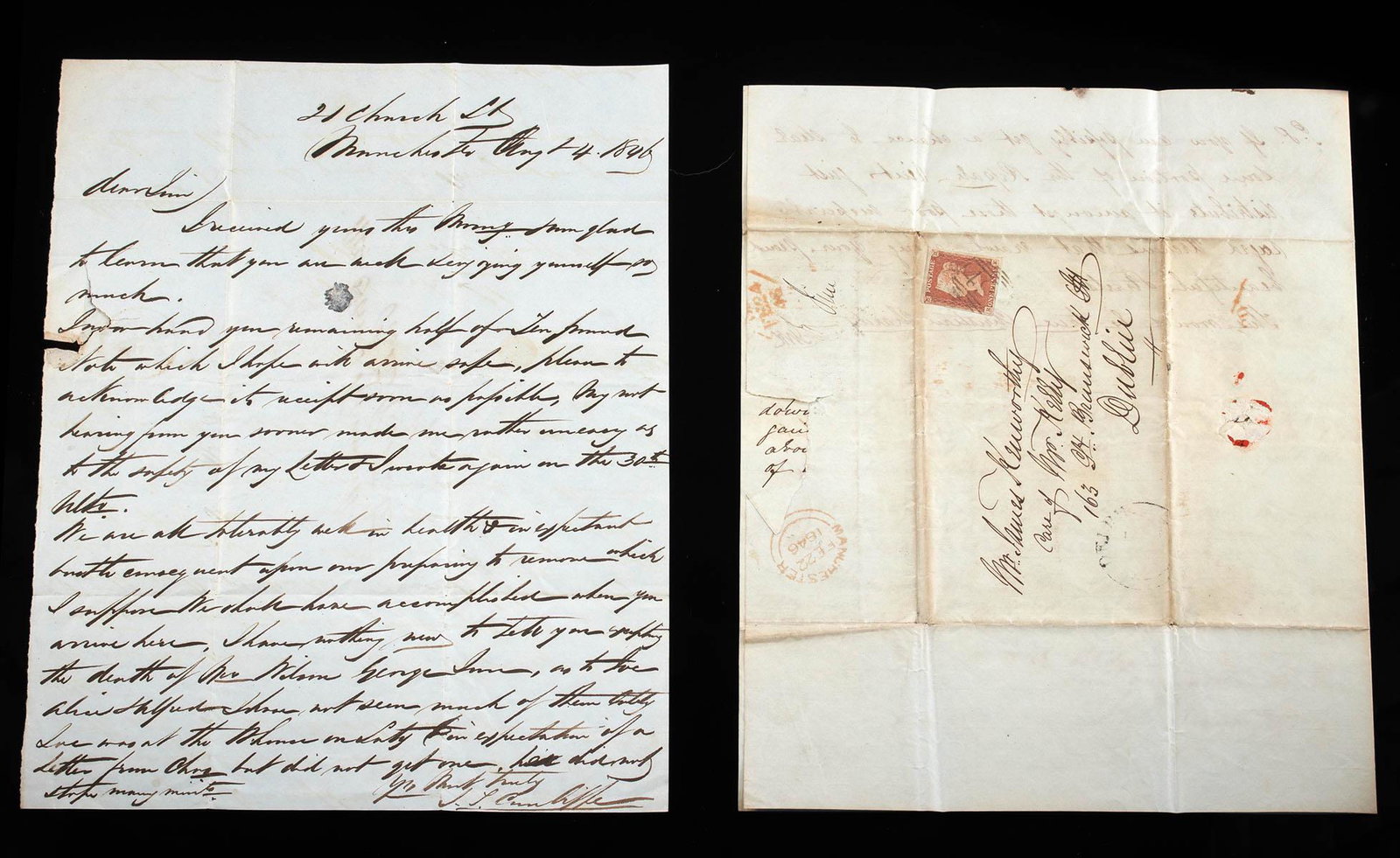1846 British Letters + 2 One Penny Red Stamps: Northern Europe, Great Britain, northern England, Greater Manchester County; Lancashire, Oldham, New Delph, ca. 1846 CE. A pair of letters for Mr. James Kenworthy (1814 to 1881), both penned on machin