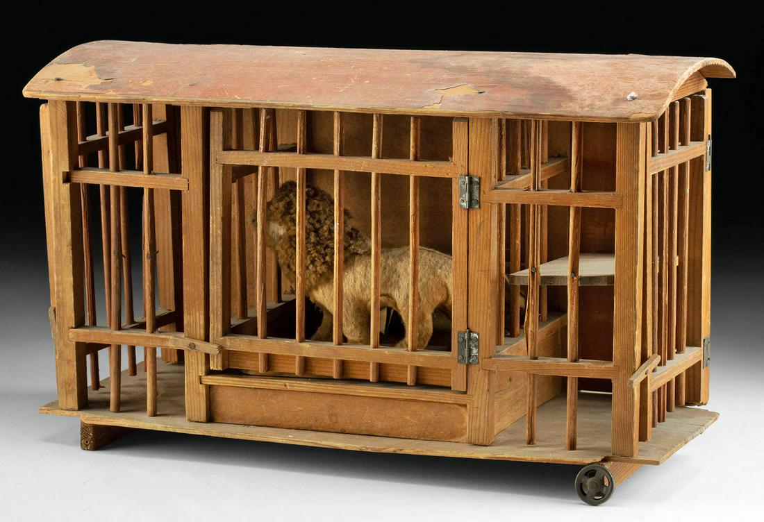 Early 20th C. German Wood Toy - Circus Cage w/ Lion (1 of 4)