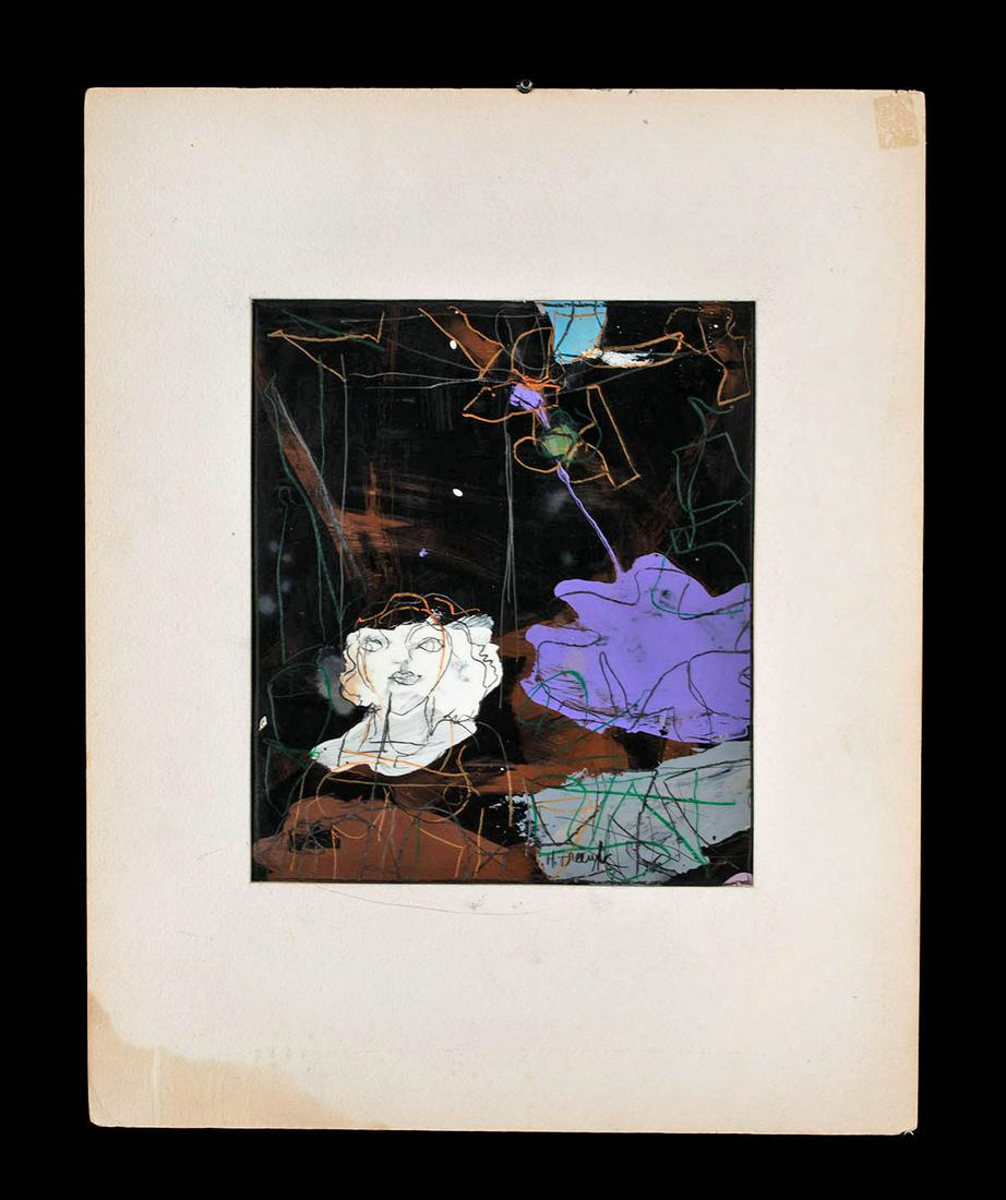 Harold Frank Mixed Media - "Transparent Face": Harold Frank (American born in England, 1921-1995). Mixed media on transparent film-like sheet, n.d. Signed at lower right. A fascinating piece by Harold Frank featuring an enchanting woman's visage d