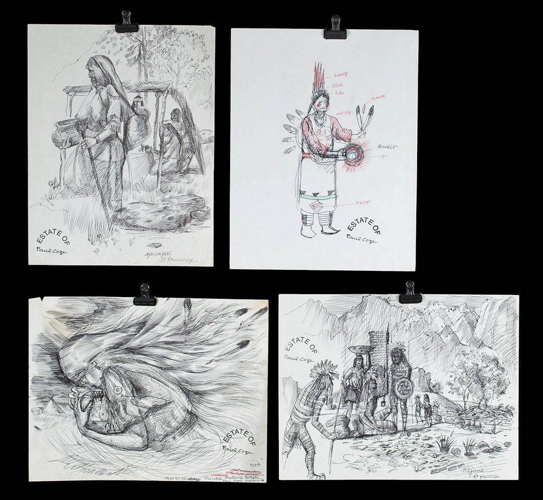 4 Drawings, 2 by Paul Coze - Native American Themes: Paul Coze (French/Serbian-American, 1903-1974). (1) "Yavapai" & (2) "Mojave" pen and ink on paper, n.d. Artist's signature and title handwritten on bottom periphery. (3) Native Dancer. Pen and ink on 