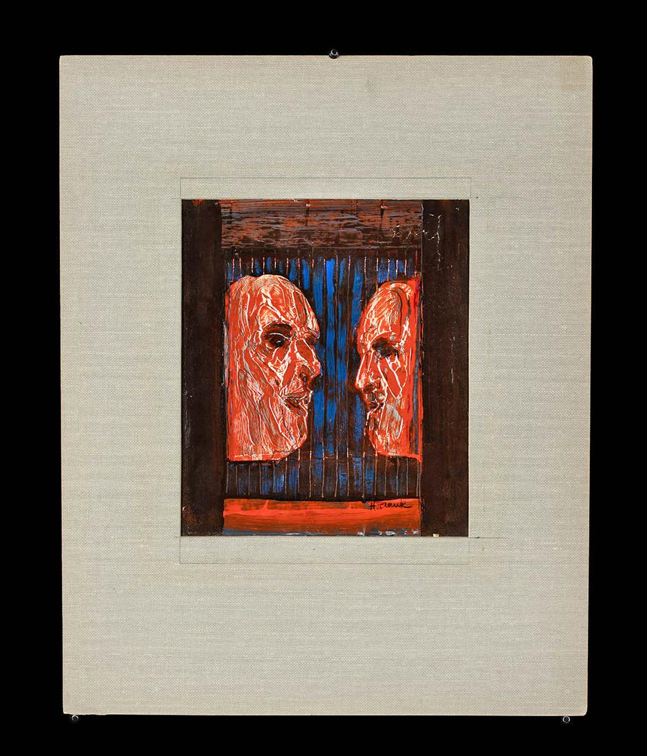 Harold Frank Mixed Media - "Grilled Dialogue": Harold Frank (American born in England, 1921-1995). "Grilled Dialogue" mixed media on collaged newspaper comics & advertisements. Signed at lower right. A captivating mixed media composition by Harold