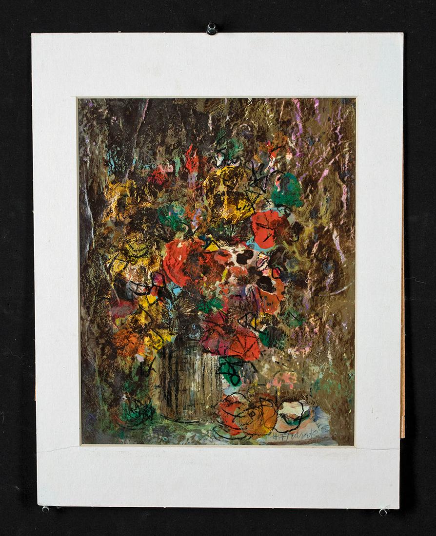 Harold Frank Mixed Media - Little Brown Floral: Harold Frank (American born in England, 1921-1995). "Little Brown Floral" mixed media on paper, n.d. Artist signature at lower right corner. A captivating painting by Harold Frank depicting a lush flo