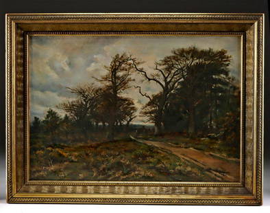 19th C. William Lamb Picknell Landscape Painting: William Lamb Picknell (American, 1853-1897). "Horse Carriage in a Landscape" oil on canvas, 1893. Signed and dated at lower left. A captivating landscape painting by William Lamb Picknell. In this com