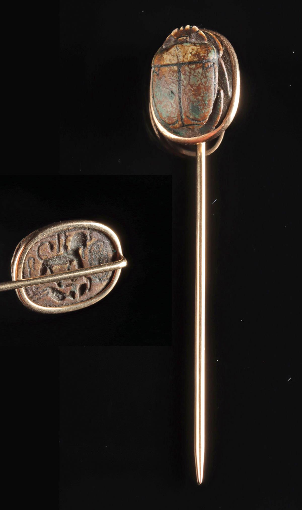 Gold Tie Pin w/ Egyptian Scarab, Thutmose III Cartouche (1 of 5)