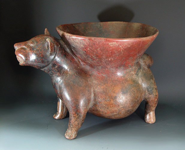 A Huge Colima Dog with Bowl on Back: What a great face! Colima, West Mexico, ca. 200 BC to 200 AD, huge redware pottery dog with flared olla upon his back. Large, toothy grin, perky ears and large curled tail at rear. Entire vessel paint