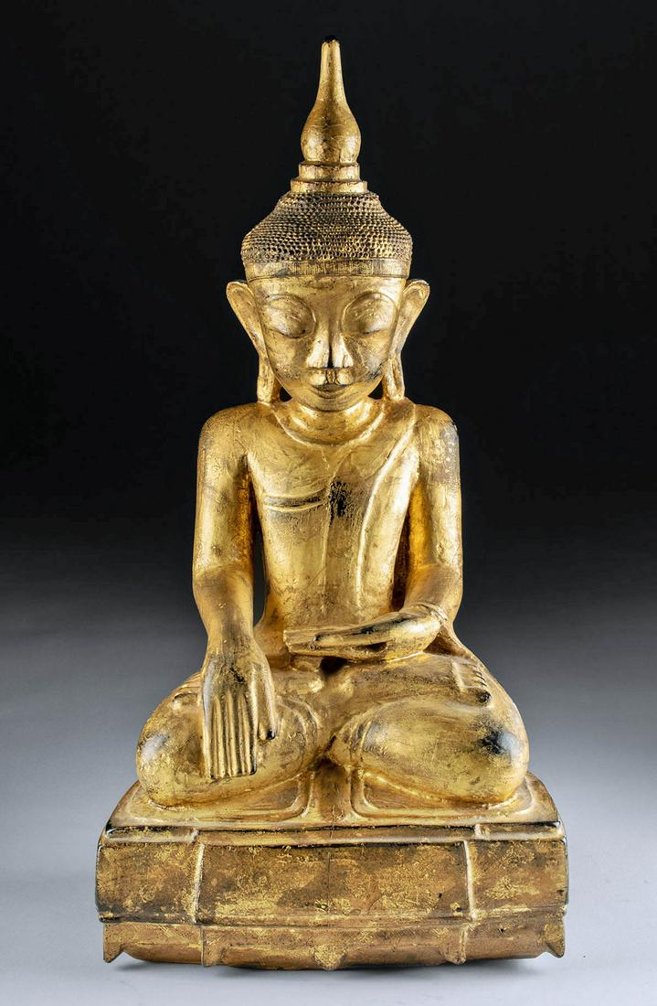 19th C. Burmese Gilded Wood Statue Seated Buddha (1 of 4)