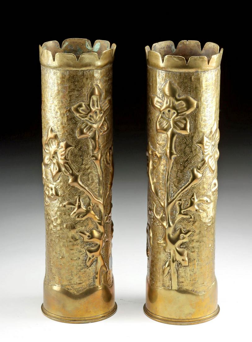 Pair of French WWI Repousse Brass Artillery Shell Vases (1 of 4)