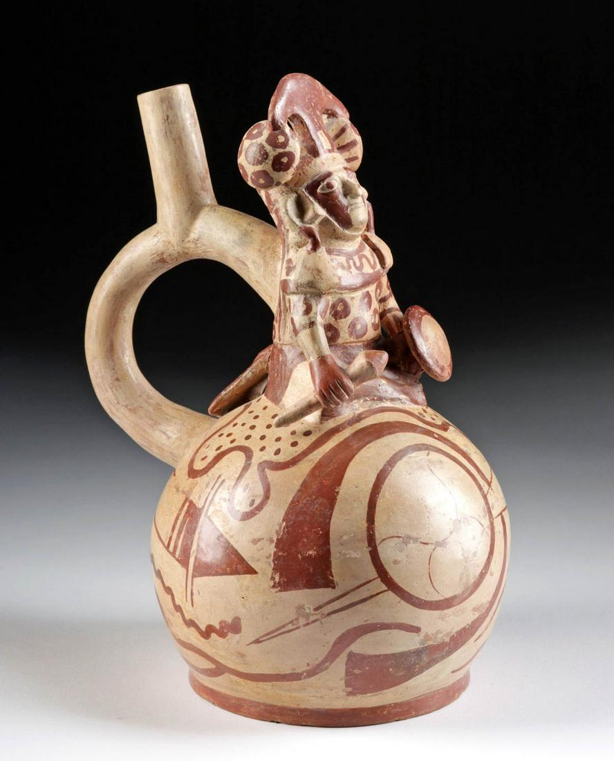 Moche Pottery Stirrup Vessel w/ Seated Warrior, TL'd (1 of 4)