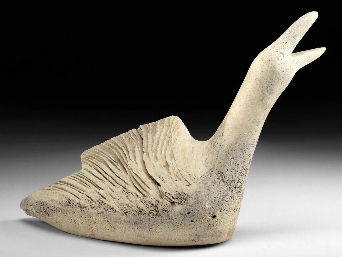 Inuit Whale Bone Carving of Squawking Bird: Native American / First Nations, Northwest Coast United States, Alaska or Canada, Inupiaq/Inuit people, ca. mid-20th century CE. A hand carved whale bone sculpture of a bird in mid squawk- the head up