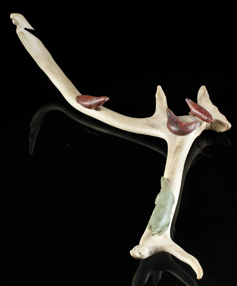 Signed Inuit Antler W/ Stone Seals & Fox Sculptures Auction
