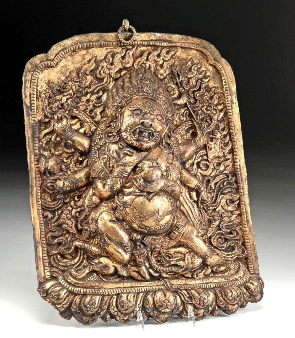 19th C. Tibetan Gilded Votive Plaque - Mahakala / Tantric Deity (1 of 3)