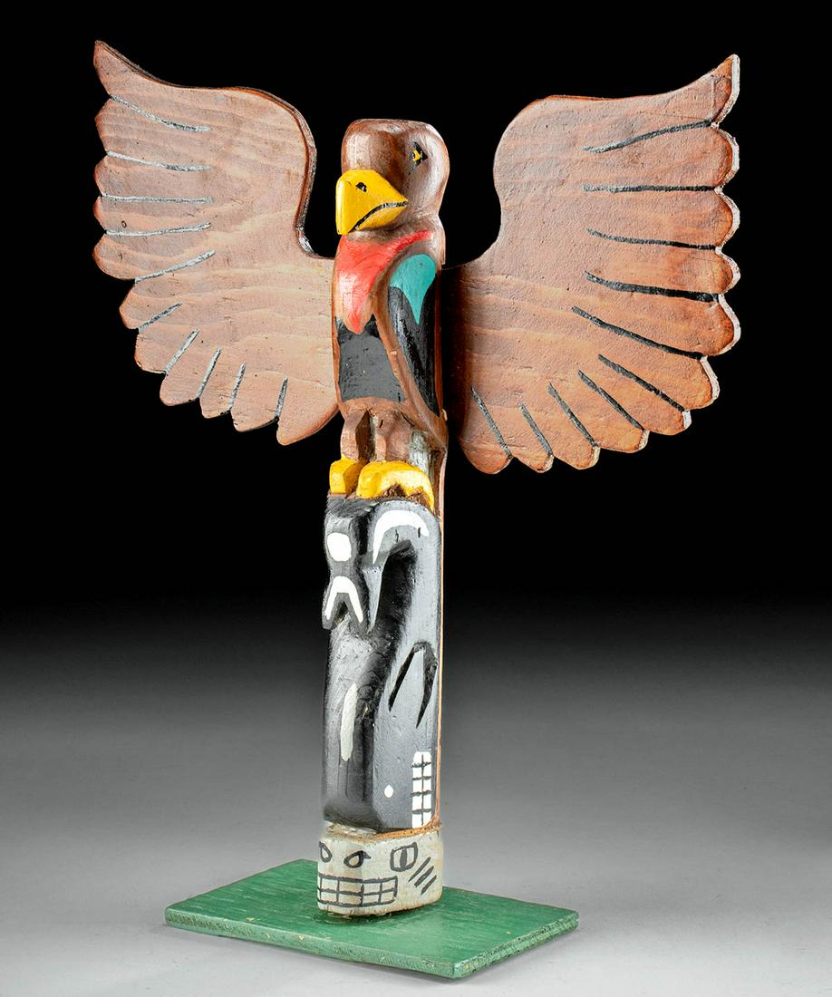1930s NWC Red Cedar Totem - Killer Whale, Eagle, Seal: North America, Alaska or Canada, ca. 1930s to 1940s CE. A hand-carved red cedar totem pole with beautiful graining and vibrant painted decorations. The totem pole depicts a sizable eagle with enormous