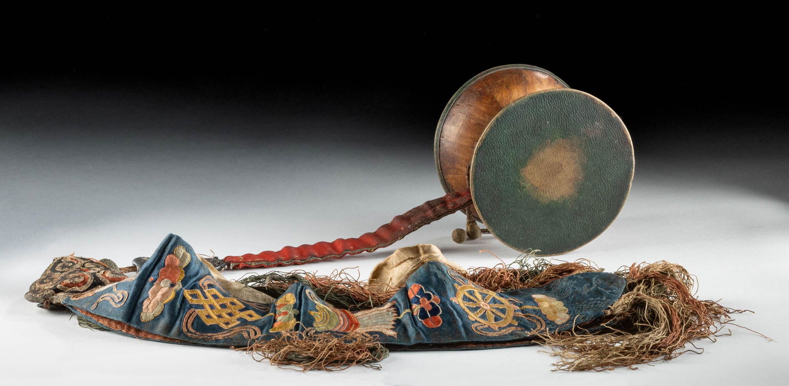 19th C. Tibetan Wood Damaru Drum W/ Silver & Coral Auction