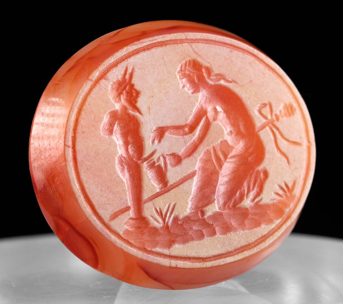 19th C. Neoclassical Carnelian Intaglio, Maenad & Herm: **Originally Listed At $400** Western Europe, probably Italy, Neoclassical period, ca. 19th century CE. A gorgeous carnelian intaglio featuring a semi-nude maenad with robes draped around her legs as 