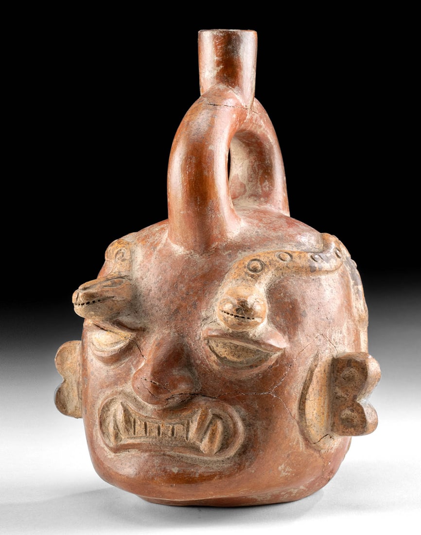 Moche Pottery Stirrup Vessel Ai Apec w/ Snakes (1 of 3)