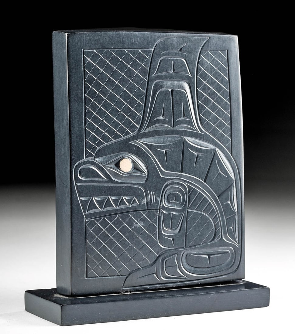 Haida Argillite & Ivory "Killer Whale" Glen Pollard: **First Time At Auction** Glen Pollard (First Nations / Canadian, Haida, b. 1957). "Haida Killer Whale" argillite sculpture with inlaid walrus ivory, n.d. Signed with title on underside of base. A bea