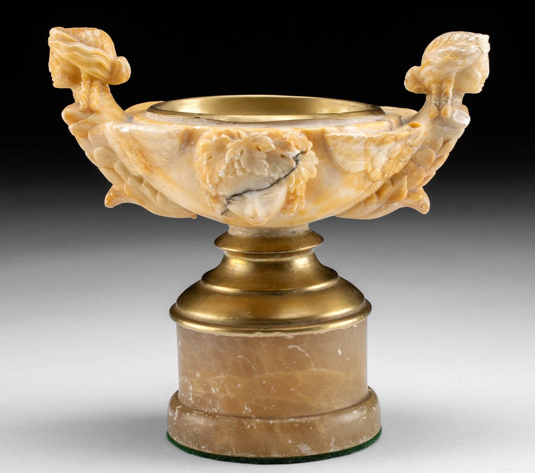 19th C. Neoclassical Brass Goblet w/ Marble Siren Handles: Western Europe, Neoclassical period, ca. 9th century CE. A beautiful goblet with a brass and alabaster foot, as well as a skillfully carved marble cup featuring a pair of sirens - mythological females