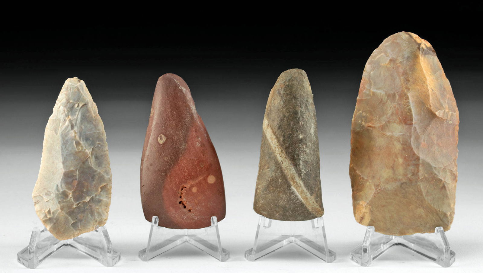 Native American Eastern Woodlands Chert Stone Tools: **Originally Listed At $200** Native American, Eastern to Midwestern United States, Eastern Woodland, ca. 200 to 1000 CE. A collection of 4 stone tools, 2 knapped chert blades with flaked surfaces and