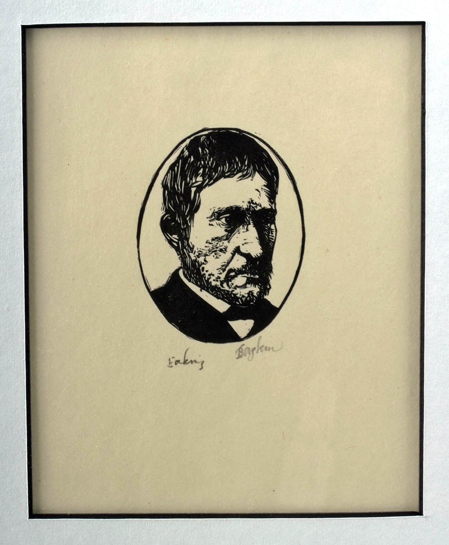 Leonard Baskin Woodcut - Portrait of Thomas Eakins: **Originally Listed At $200** Leonard Baskin (American, 1922-2000). Portrait of Thomas Eakins - woodcut, 20th century. Edition 76 of 175. Signed and numbered in pencil below portrait. A bust-length wo