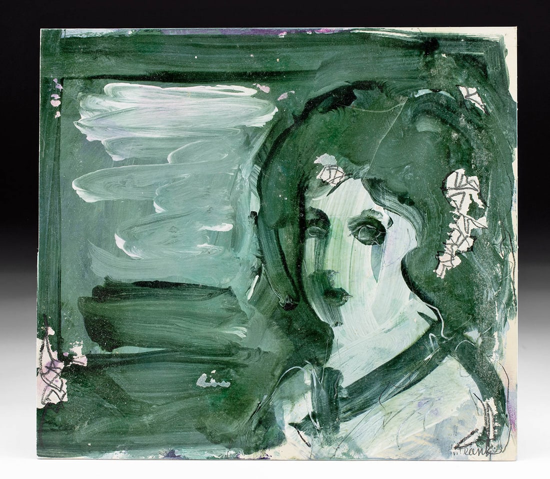 Harold Frank Mixed Media Painting - "Green Geisha": **Originally Listed At $250** Harold Frank (American born in England, 1921-1995). "Green Geisha" mixed media on illustration board, n.d. Signed at lower right. A beautiful depiction of a Japanese geis