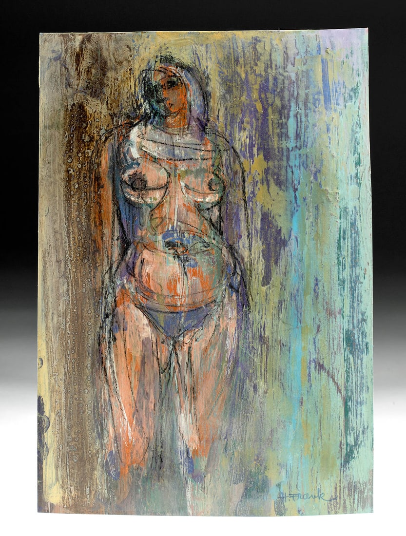 Harold Frank Mixed Media Painting - Nude: **Originally Listed At $250** Harold Frank (American born in England, 1921-1995). "Red Linear Nude" mixed media on paper. Signed at lower right. A wonderful Abstract-Expressionist rendering of a femal