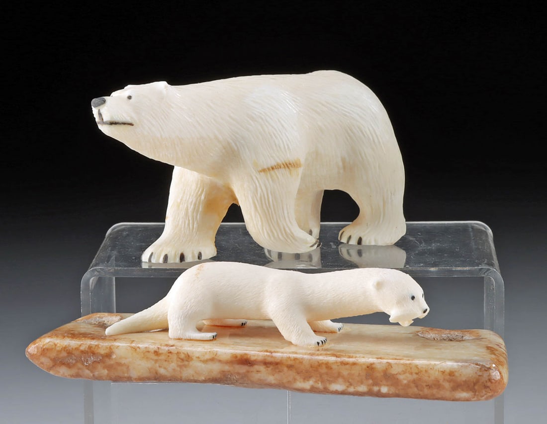 Alaskan Yupik Ivory Bear & Otter, Mitchell Toolie: Mitchell Toolie (St. Lawrence Island Yupik, 20th to 21st century). Otter, fossilized walrus bone and baleen sculpture, n.d. Signed on underside of base; Anonymous (St. Lawrence Island Yupik, 20th to 2