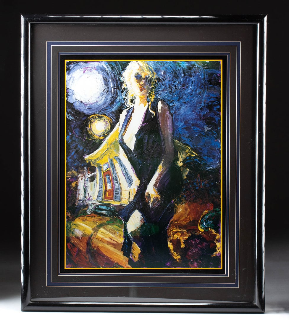 James Michalopoulos Print - New Orleans Performer: James Michalopoulous (American, b. 1951). A captivating depiction of a female musician playing an accordion in New Orleans under a dramatic night sky with a full moon illuminating the scene by James M
