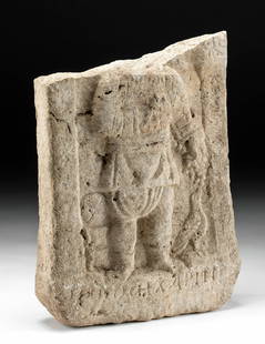 1st C. Roman Stone Stela w/ Greek Inscription: **Originally Listed At $2000** Roman, Imperial Period, ca. 1st to 3rd century CE. An impressive stone funerary stela presenting the relief image of a child holding a bird in one hand while feeding gra