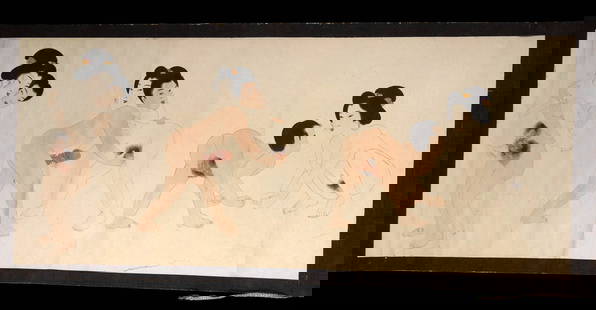 Erotic Japanese Meiji Shunga Painting on Handscroll: **Originally Listed At $1000** East Asia, Japan, Meiji period, 1868 to 1912. An erotic Shunga painting that depicts three explicit sexual encounters between the same couple. The man and woman engage i