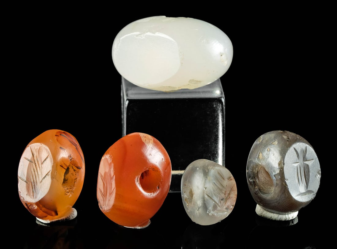 5 Ancient Sassanian Quartz & Carnelian Stamp Seal Beads: **Originally Listed At $400** Ancient Near East / Central Asia, Persia, Parthian to Sassanian Empire, ca. 200 BCE to 600 CE. A collection of stone seal beads formed from carnelian, agate, quartz, and 