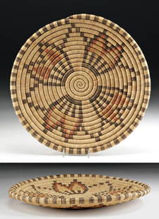 Large Hopi Coiled Basketry Plaque Petaloid Flower Motif: **Originally Listed At $350** Native American, Southwestern United States, Third Mesa, Hopi Pueblo, ca. mid to late 20th century CE. A large, coiled basketry plaque with a petaloid flower motif, made