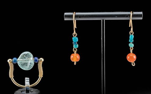 Ancient Roman Glass Bead Ring + Earrings: Near East / Eastern Mediterranean, Roman-Byzantine & Egyptian, ca. 400 BCE to 400 CE. Ancient glass and stone beads strung on modern gold-plated silver ear hooks, band, and findings as a wearable pair
