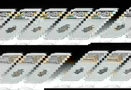 5 Ancient Roman Silver Denarius Coins, NGC Slabbed: Roman, Republic to Imperial Period, ca. 1st to 3rd century CE. A collection of 5 ancient Roman coins that are each professionally slabbed by the Numismatic Guaranty Corporation (NGC). AR Denarius of D