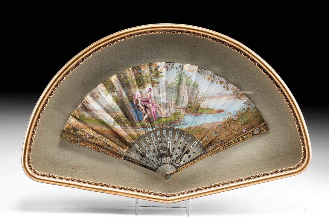 19th C. French Fan Painted Vellum & Mother of Pearl (1 of 3)