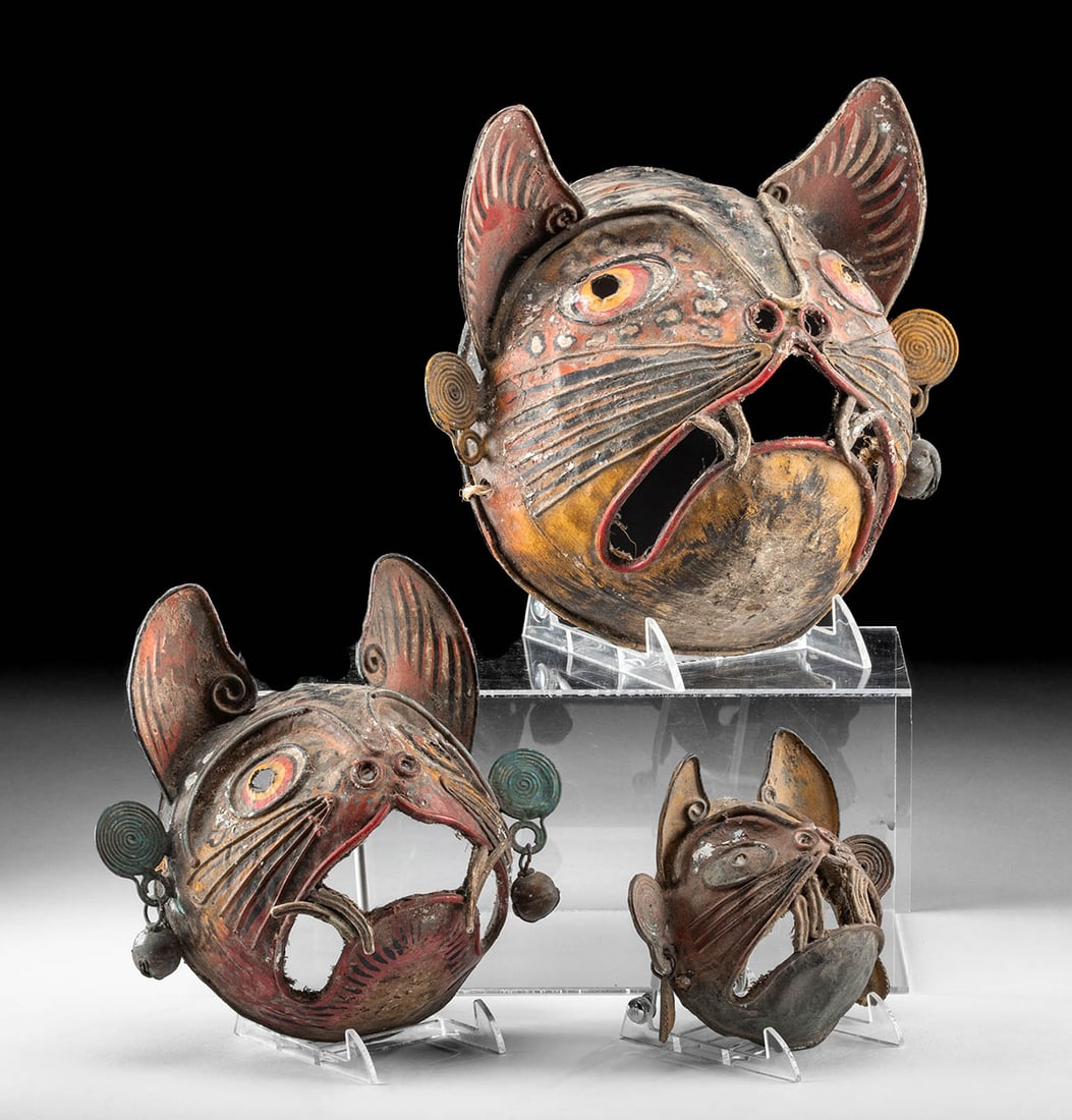 1950s Mexican Painted Tin Dance Masks, Cat Faces (1 of 6)