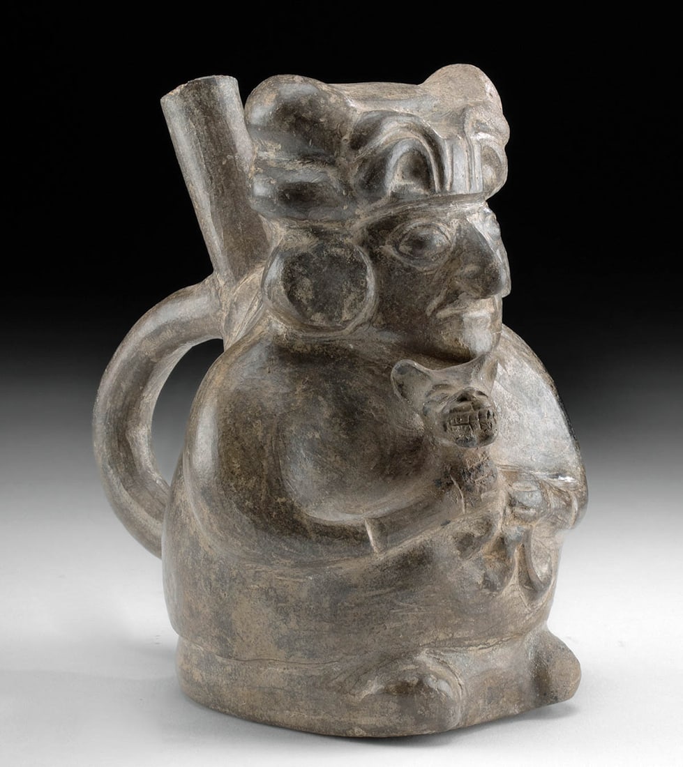 Chimu Pottery Stirrup Vessel - Lord Holding Jaguar (1 of 4)