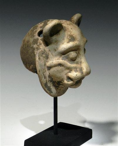 A Roman Pottery Protome of a Lion: Rome, ca 1st to 2nd century AD. Finely-modeled head of a lion, once used as an architectural element. Very expressive! 4"H x 3-3/4"W, complete with custom stand. Provenance: Ex-Sarkisian Estate, Denve