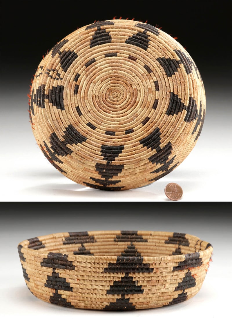 1920s Native American Pomo Basket w/ Feathers (1 of 4)