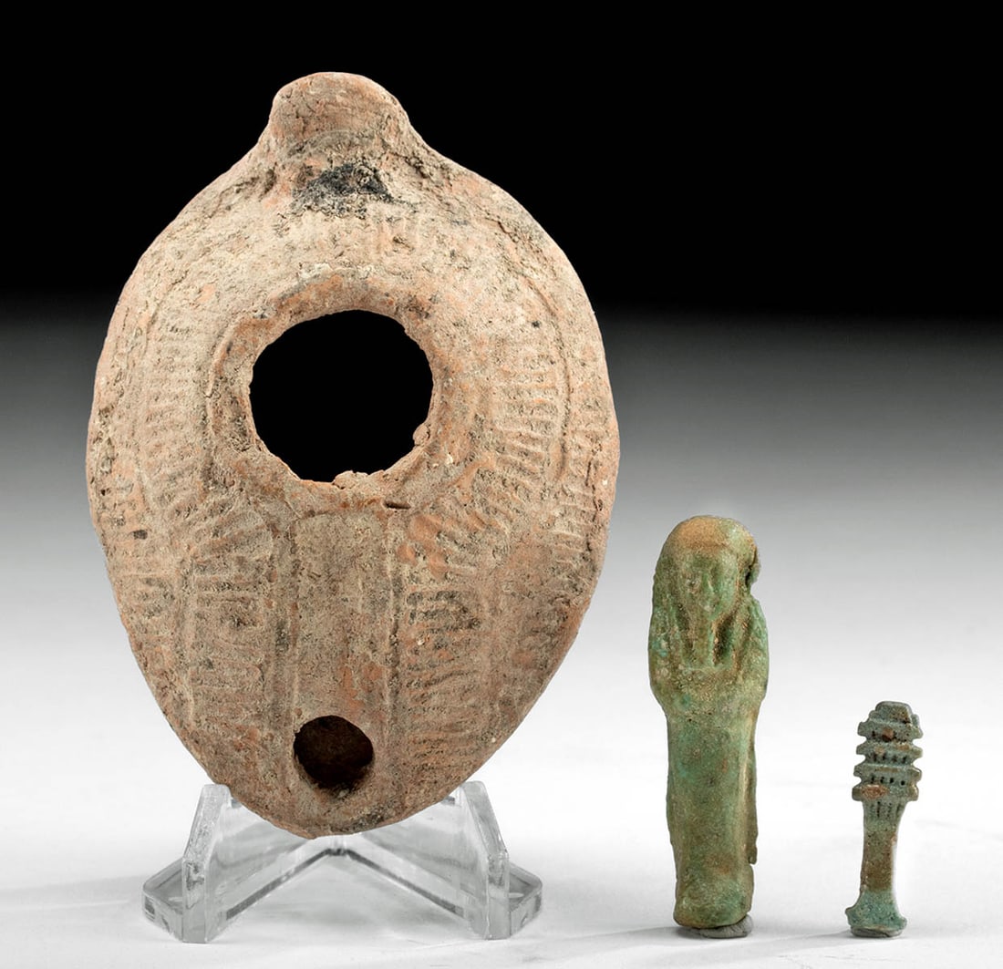 Egyptian Faience Ushabti and Amulet & Roman Oil Lamp (1 of 3)