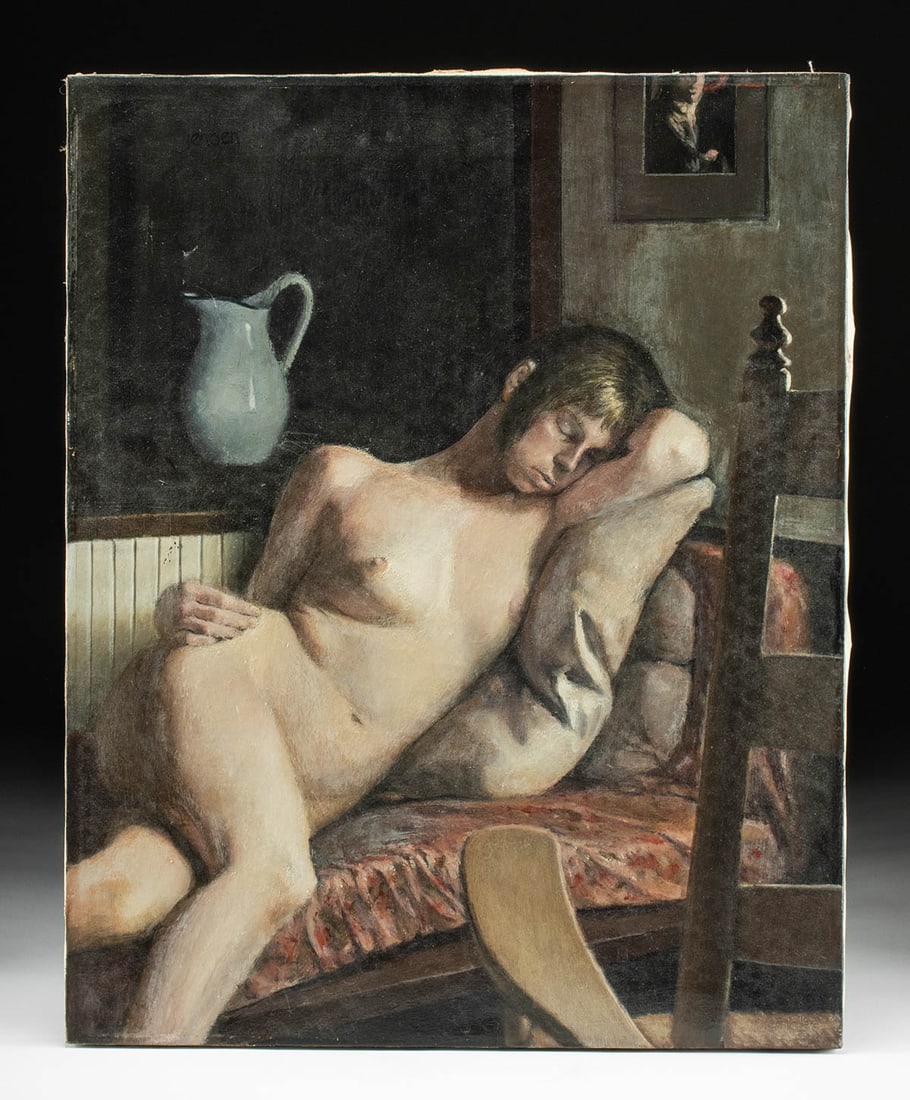 Everett Jensen Painting - Reclining Nude Female: Everett Jensen (American, 20th century). Untitled reclining nude, oil on canvas, 20th century. Signed at upper left as well as on stretchers on verso. A lovely painting of a reclining female nude enjo