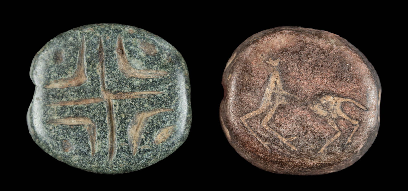 Ancient Bactrian Stone Stamp Seal Beads / Charms: **Originally Listed At $400** Central Asia, Afghanistan / Turkmenistan region, Bactria-Margiana (Oxus Civilization), Bronze Age, ca. 3000 to 1500 BCE. A pair of hand-carved stone seal beads or charms,
