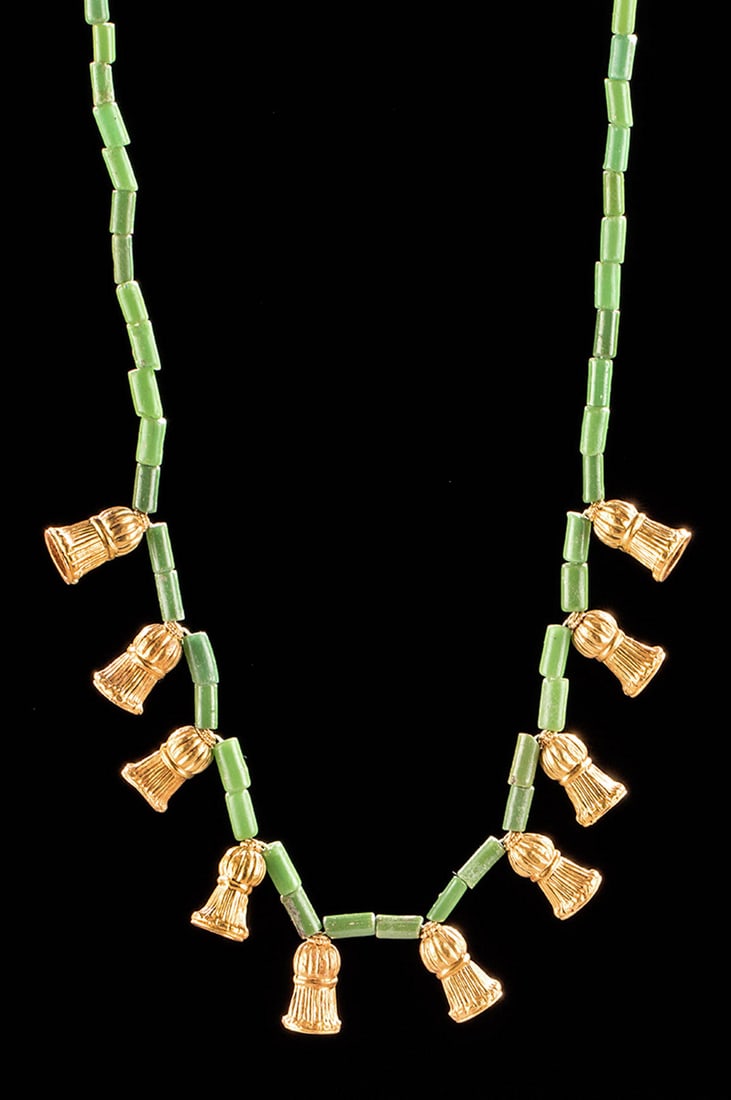 Gandharan Necklace w/ Glass & Gold Beads: **Originally Listed At $1200** Central Asia, Pakistan and Afghanistan, Gandharan Empire, ca. 200 BCE to 100 CE. A stunning necklace comprised of 10 bell-shaped beads made from 87.5% gold (equivalent t